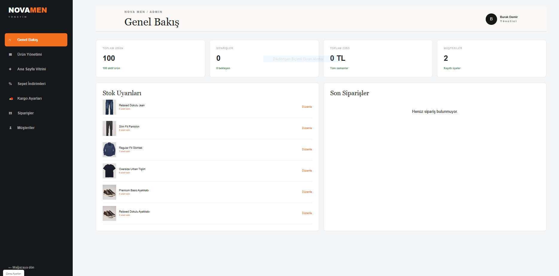 NOVAMEN admin panel genel bakis