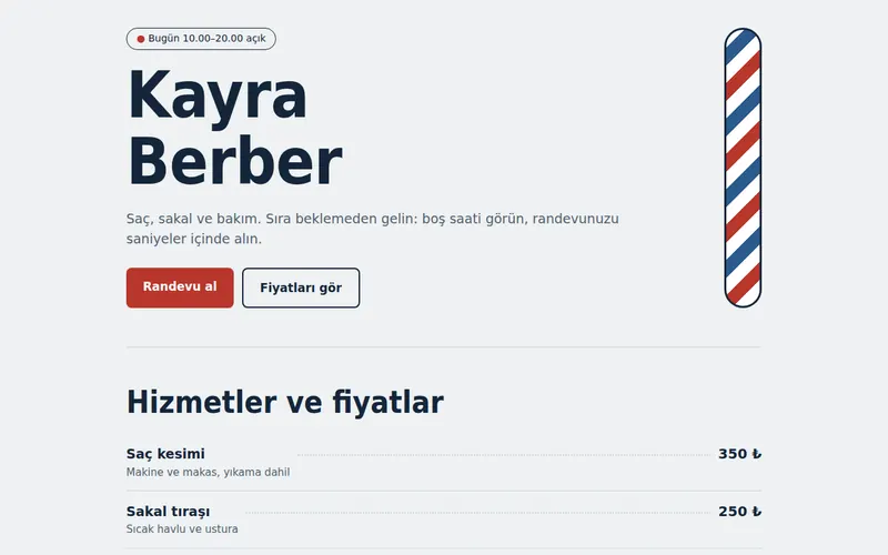 Kayra Berber örnek sitesinin masaüstü görünümü