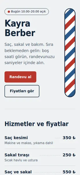 Kayra Berber örnek sitesinin mobil görünümü