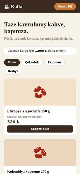 Kaffa Kahve Atölyesi örnek mağazasının mobil görünümü