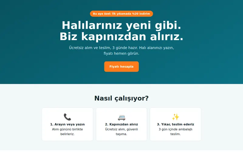 Parlak Halı Yıkama örnek kampanya sayfasının masaüstü görünümü