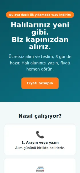 Parlak Halı Yıkama örnek kampanya sayfasının mobil görünümü